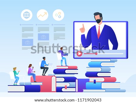 Online education and graduation. Online teacher on computer monitor. Webinar and video seminar learning vector concept. 