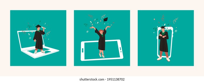 Online education. Graduation in a virtual school. Happy students on the background of gadgets, laptop, smartphone, tablet. Flat vector illustration.