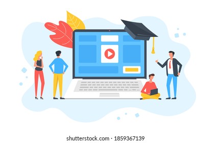 Online education. Group of people and laptop with website and educational videos. E-learning, digital education, online courses, training, elearning concepts. Modern flat design. Vector illustration