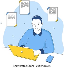 Online education. A guy in a blue sweater sits at a computer. The boy studying remotely