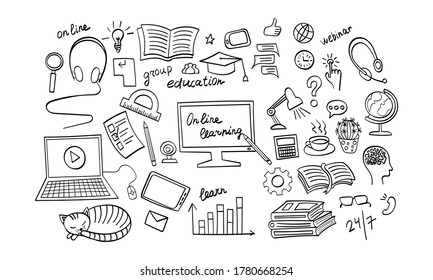 Online Education Hand Drawn Icons Set. Distance Learning Doodles. Vector Illustration.