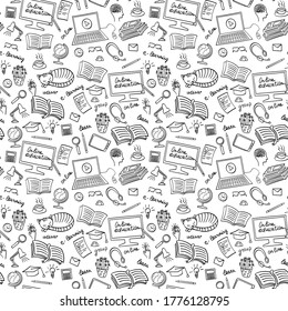Online education hand drawn seamless pattern. E-learning doodles. Vector illustration.