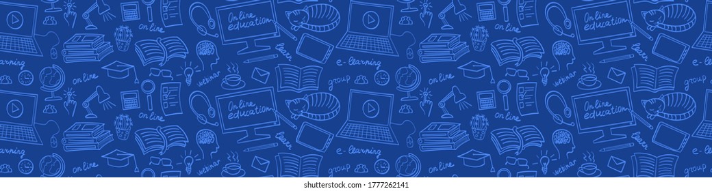 Online Education Hand Drawn Seamless Web Banner. E-learning Doodles On Blue Background. Vector Illustration.