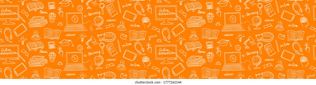 Online education hand drawn seamless web banner. E-learning doodles on orange background. Vector illustration.