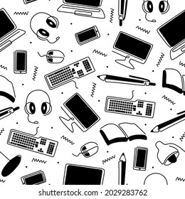 Online education hand drawn seamless pattern. Laptop, notebook, pen, pencil, headset, mouse, computer, keyboard, book isolated on white background. Vector illustration doodles, sketch style concept