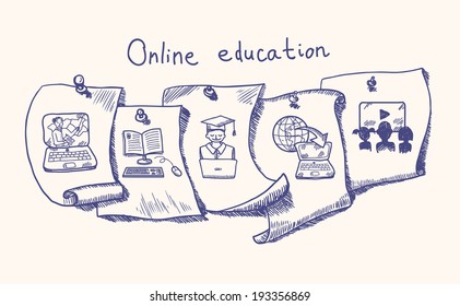 Online education hand drawn sketch paper sticker set isolated vector illustration