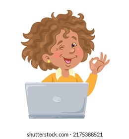 Online education. Happy african american girl with laptop shows everything is ok. In cartoon style. Isolated on white background. Vector flat illustration.