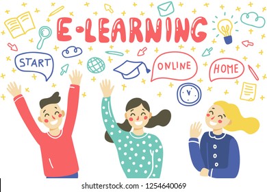 Сhildren online education. Happy boy and girl waving hand. Vector illustration in hand drawn style