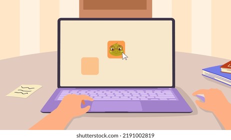 Online education at home. Boy or girl preschooler uses laptop or digital device to study lessons. Remote learning at school. Educational program for children. Cartoon flat vector illustration