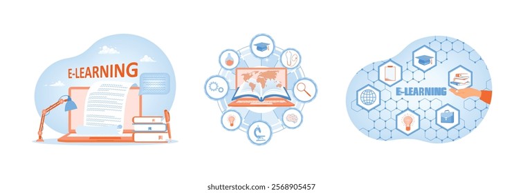 Online education at home. Computer with education icon. Online educational technology. E-learning concept. Set flat vector illustration.