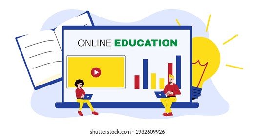 Online education at home concept. Diverse People studying on the laptop. Vector illustration for landing page template, flyer or banner.