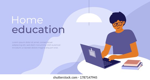 Online education from home. E-learning concept. Young man sitting behind table studying using laptop and books. Student guy learns remotely. Design template for banner layout. Flat vector illustration