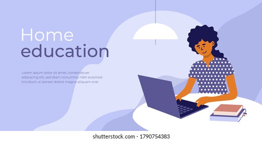 Online education from home. E-learning concept. Young woman sitting behind table studying using laptop and books. Student girl learns remotely. Design template for banner layout. Vector illustration