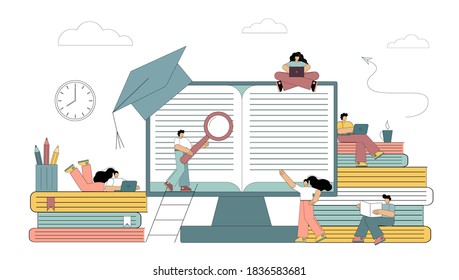 Online education at home, e-learning, Distance learning. Flat people use modern technologies for self-education. Vector isolated illustration on white background.