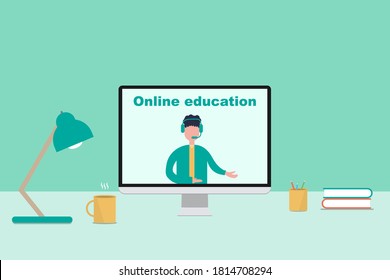 Online education at home. E-learning school. Studying at home. Computer with teacher inside. Remote webinar. Online video conference. Classroom at home. Online course. EPS 10