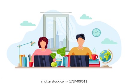 Online education, home learning, home activity concept. Students are doing homework on laptop. Vector illustration isolated on white background. Flat cartoon style design.