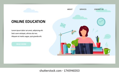 Online education, home learning concept. Female student is doing homework on laptop. Place for text. Vector illustration isolated on white background. Flat cartoon style design.