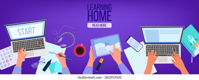 Online education and home office illustration with workplace top view, hands, laptops, tablet. Virtual courses or training background with smartphone. Online college or university education banner 