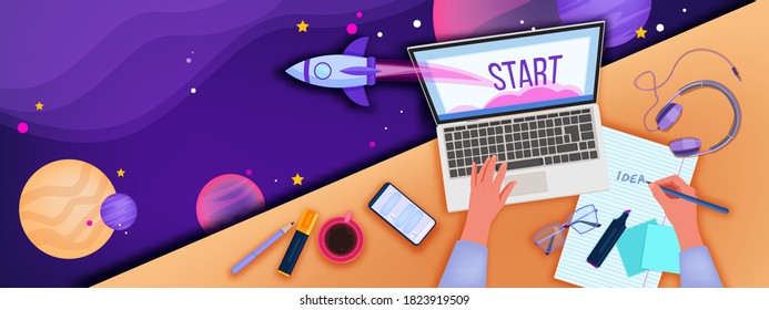 Online education and home office illustration with workplace top view, hands, laptop, smartphone. Virtual training and webinar background with abstract space, rocket. Online education vector banner