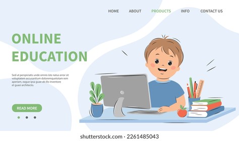 Online education, home school concept. Little boy studying on computer. Vector illustration