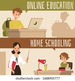 Online education and home schooling banner set - cartoon children learning from laptop with Internet and homeschooled with personal tutor. Flat vector illustration.