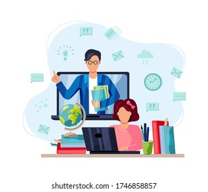 Online education, home schooling concept. Student is doing homework on computer. Male teacher on laptop screen. Vector illustration on white background. Flat cartoon style design.