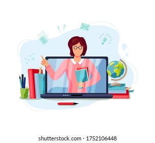 Online education, home schooling concept. Female teacher on laptop screen. Vector illustration isolated on white background. Flat cartoon style design.