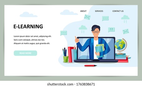 Online education, home schooling concept. Male teacher on laptop screen. Place for text. Website design. Flat cartoon style design vector illustration.