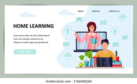 Online education, home schooling concept. Student is doing homework on computer. Female teacher on laptop screen. Place for text. Website design.Vector illustration. Flat cartoon style design