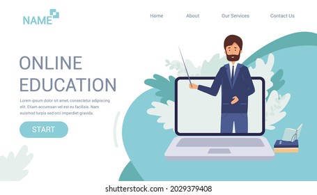 Online education, home schooling concept. Banner for Landing page. Male teacher on laptop screen. Vector illustration. Flat cartoon style design.