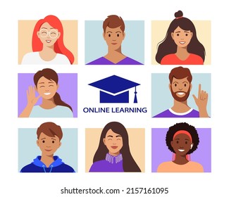 Online education, home schooling. Concept of web courses or tutorials. Video Conference, chat, meeting. Characters on a colored background.	
