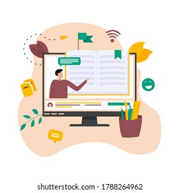 Online education, home schooling and e-learning concept. Online learning at home in social distancing COVID-19. Vector illlustration