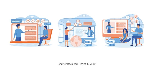 Online education, home schooling.   Girl student gets new knowledge and ideas. Group of students in distance learning. set flat vector modern illustration 