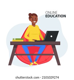 Online education, home schooling. Video tutorial. E-learning, training and courses, learning. Vector illustration.