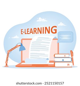 Online education at home. Students study with stacks of books and laptops. E-learning concept. Flat vector illustration.