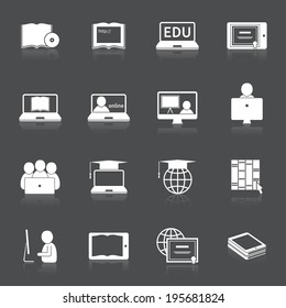 Online education home studying silhouette icons set isolated vector illustration