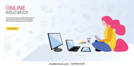 Online education at home using gadgets. Laptop, Computer, Tablet, Smartphone. Flat style, doodle style. Banner for the website. Vector illustration.