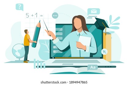 Online education at home vector concept.Online courses, distance web learning, internet studying, online book, e-learning flat illustration with caracter studying on laptop for website, banner, poster