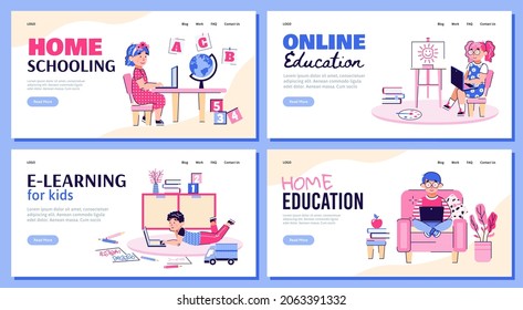 Online education and homeschooling for children web banners kit. Internet technology for early education and kids online programs, flat cartoon vector illustration.