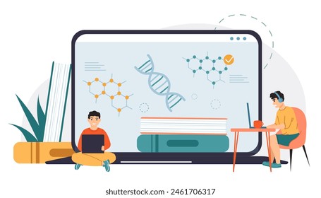 Online-Bildung, Homeschooling auf dem Laptop-Bildschirm. Fernunterricht von zu Hause aus. Jungen lernen am Laptop. Anzeige mit Wissenschafts-, Chemie- oder Biologiestunde, die DNA-Strukturen Vektorgrafik zeigt