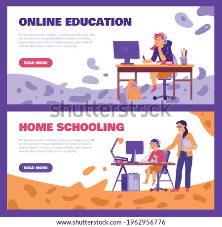 Online education and homeschooling website template with cartoon characters of children and their parents, flat vector illustration. Kids remote education landing pages.