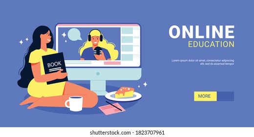 Online education horizontal banner with female character holding book with computer editable text and more button vector illustration