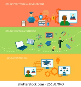 Online education horizontal banner set with professional development courses elements isolated vector illustration