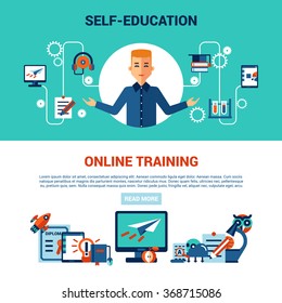 Online education horizontal banner set with young man computer self education and online training icons vector illustration