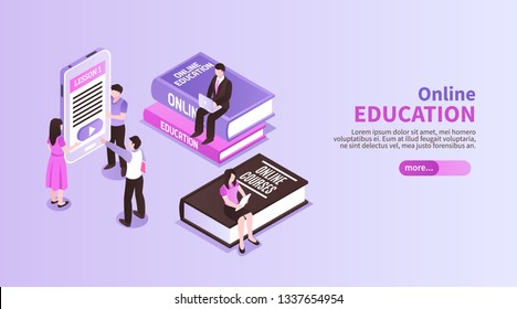 Online education horizontal banner with small people figurines sitting on big tutorials promoting distance study isometric vector illustration