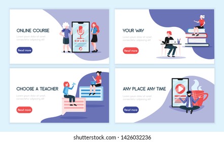 Online education horizontal banners collection four backgrounds with clickable buttons and images of people and gadgets vector illustration