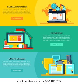 Online education horizontal banners with global virtual learning and training in flat style vector illustration