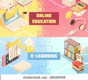 Online education horizontal isometric banners with mobile devices, electronic information, audio learning, tutorials, calculator isolated vector illustration