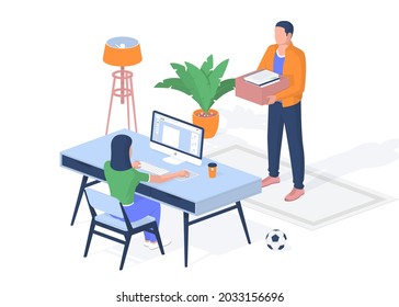 Online education in hostel during quarantine. Teenager sits at computer fulfilled objective received. Guy standing with box full textbooks. Web education on pandemic. Vector realistic isometric