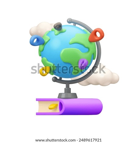 Online education icon. Back to school vector 3d design. Study abroad illustration. Globe stand with map pin on a book isolated on white background